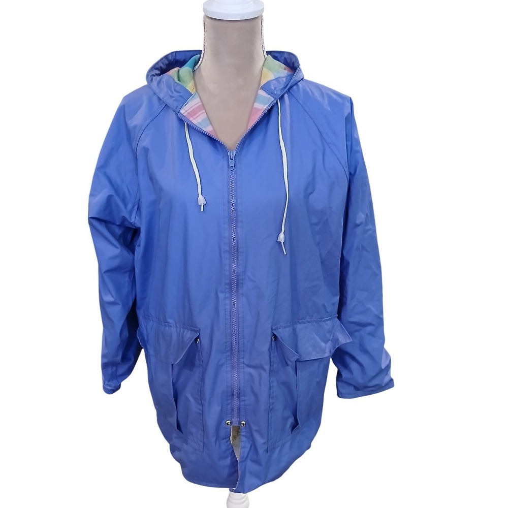 Vtg Misty Harbor Women's Blue Hooded Rain Jacket Any Time Size S Lined  Plaid